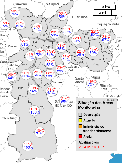 Mapa de São Paulo com estações meteorológicas